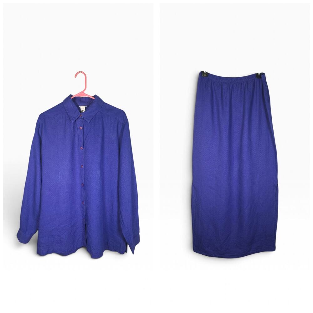 Eileen Fisher 2-pc. Irish Linen Maxi Skirt Blouse Set Women's Large Blue USA